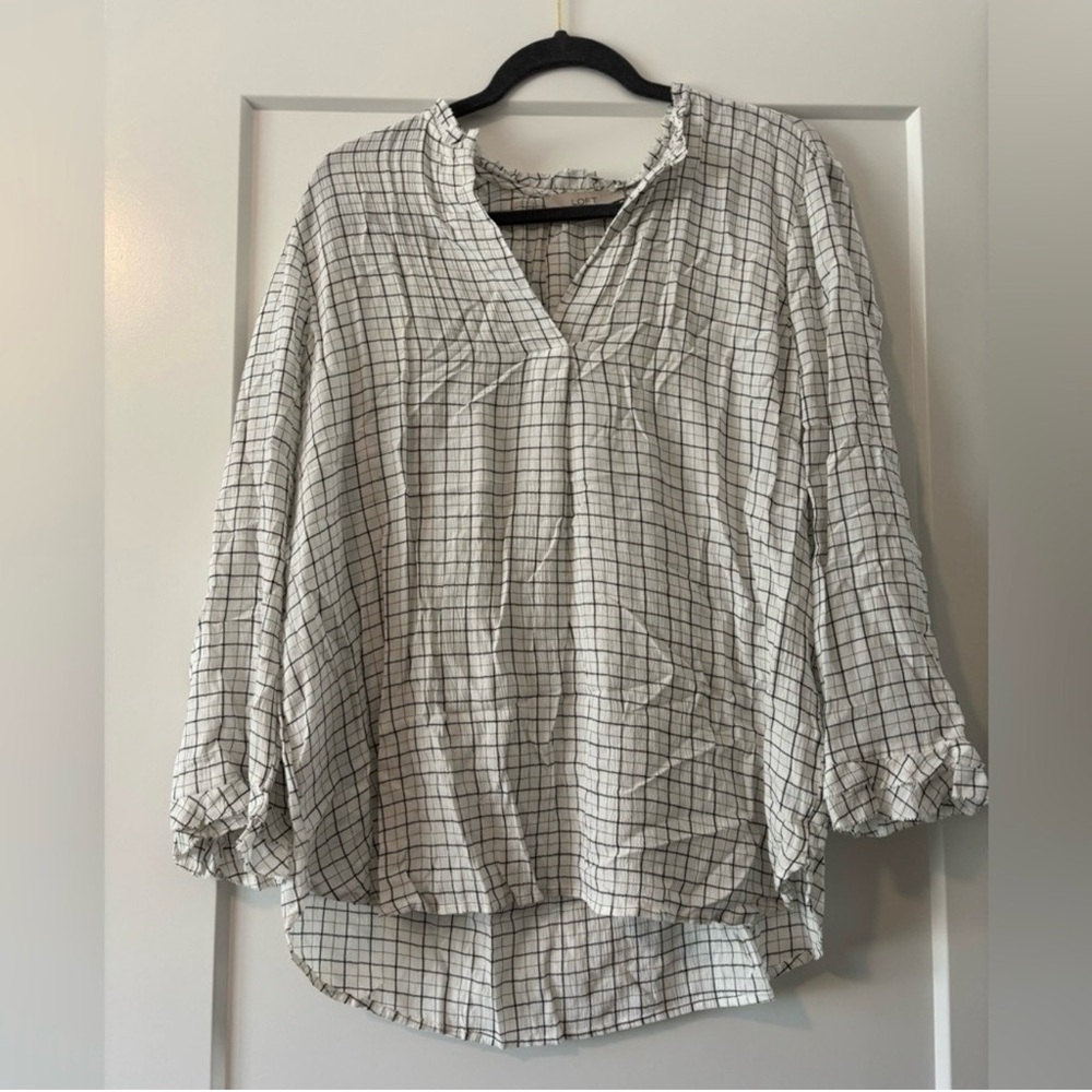 LOFT Plaid Ruffle Split-Neck Blouse - Picture 2 of 5